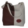 Brown and white bucket bag